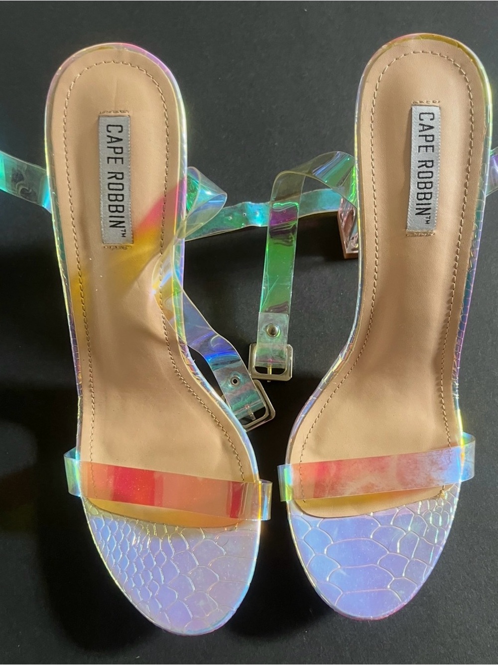 Cape Robbin Iridescent Clear Strap Block Heel Sandals very clean, beautiful, fun